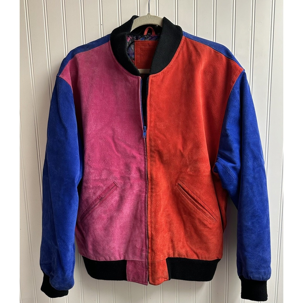 Vtg 80's Mixed Blues Suede Leather Bomber Jacket Coat Lined Size Large Unisex